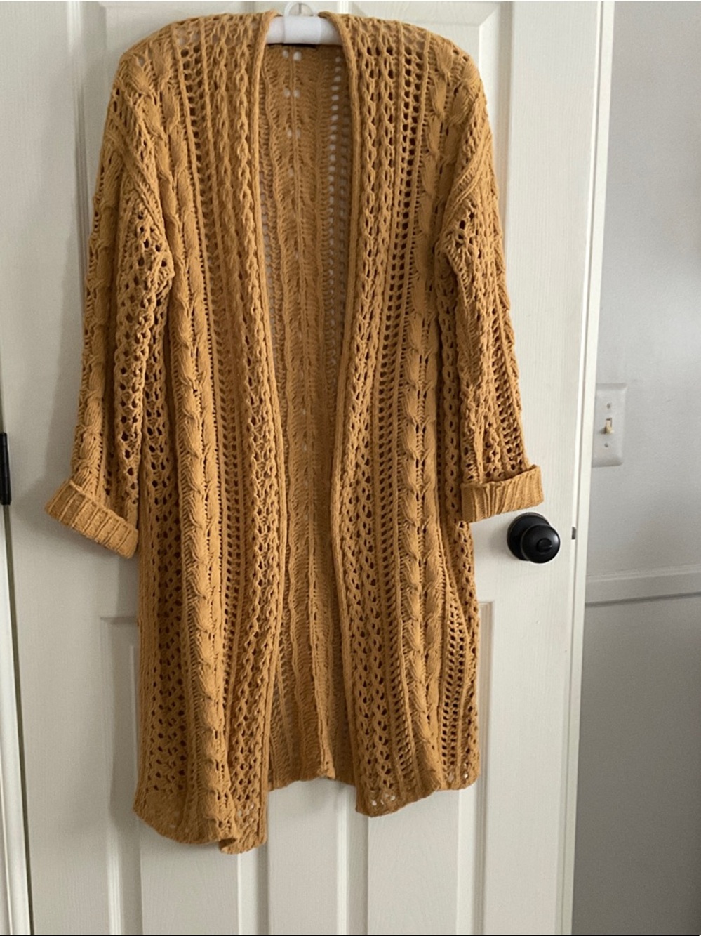moon & madison Open-Front Cable & Lace Knit Cardigan in Mustard
